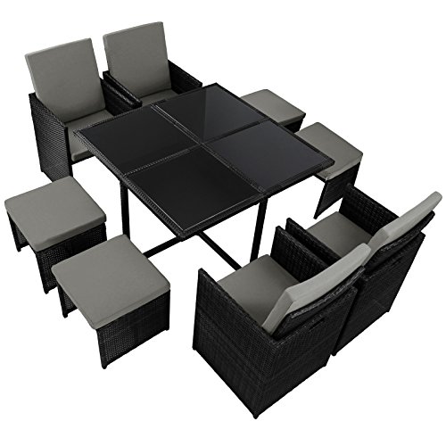 17-teilige Luxus Rattan Sitzgruppe BELLINI mit 4 Stühlen, 4 Hockern und 1 Tisch, Farbe:Titan-Schwarz / Kieselstrand