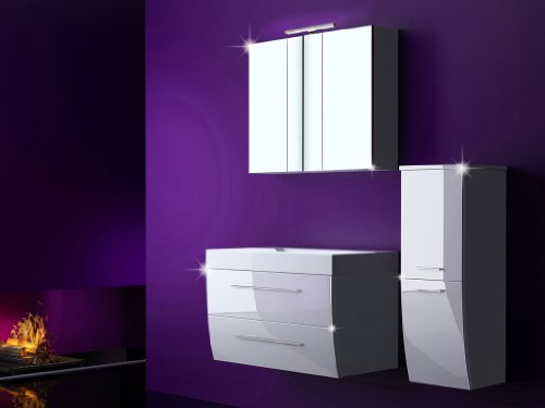 4 Tlg. Badmöbel Set MILANO XL Badezimmermöbel Komplett Set Waschbeckenschrank 90 cm mit Waschtisch + Spiegelschrank mit LED Weiss Hochglanz