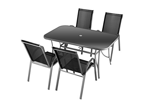 Nexos 5-Teiliges Gartenmöbel-Set – Gartengarnitur Sitzgruppe Sitzgarnitur aus Stapelstühlen & Esstisch – Aluminium Kunststoff Glas – Schwarz Grau