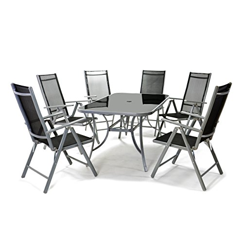 Nexos 7-teiliges Gartenmöbel-Set – Gartengarnitur Sitzgruppe Sitzgarnitur aus Gartenstühlen & Esstisch – Aluminium Kunststoff Glas – schwarz grau