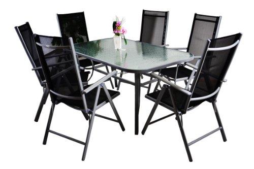 Nexos 7-teiliges Gartenmöbel-Set – Gartengarnitur Sitzgruppe Sitzgarnitur aus Gartenstühlen & Esstisch (Glasplatte: klar mit Struktur) – Aluminium Kunststoff Glas – schwarz grau