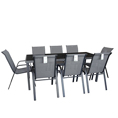 9tlg. Gartengarnitur Aluminium Glastisch mit schwarzer Tischglasplatte 180x90cm Stapelstuhl Textilenbespannung Sitzgruppe Sitzgarnitur Gartenmöbel