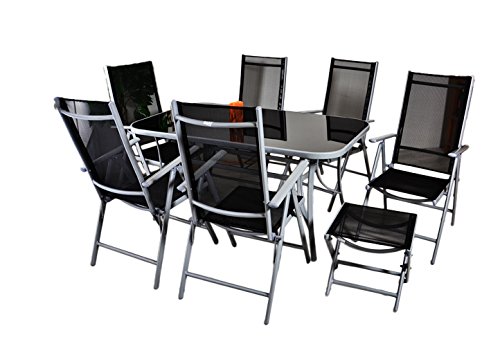 Nexos 9-Teiliges Gartenmöbel-Set – Gartengarnitur Sitzgruppe Sitzgarnitur aus Gartenstühlen & Esstisch (Glasplatte: Klar) + Hocker – Schwarz Grau