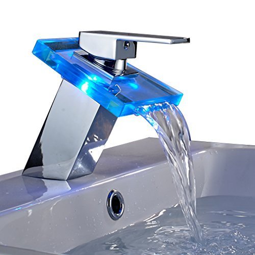 Auralum® Elegant LED RGB Glass Wasserhahn Armatur Chrom Wasserfall Waschtisch Waschtischarmatur für Bad Badezimmer Küchen 3 Farben