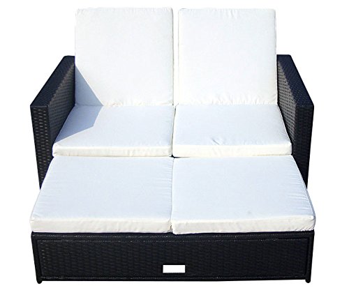 Baidani Gartenmöbel-Sets 10c00008.00001 Designer Rattan Doppelliege Harmony, Sofa, Fußbank mit integrierter Kissenbox und passenden Auflagen, schwarz
