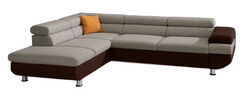 CAVADORE Ecksofa Caponelle mit Bettfunktion/Moderne zweifarbige Couch inkl. Kopfstützen/267 x 72 x 226 cm (BxHxT)/Strukturstoff beige - braun