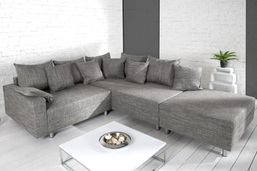Design Ecksofa mit Hocker LOFT Strukturstoff grau Federkern Sofa Ottomane beidseitig aufbaubar