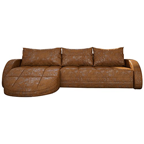 Eck-Sofa braun in Leder-Optik: Edle Designer Couch mit LED, großer 3 Sitzer, 265 cm breit, Leder-Sofa mit 156 cm tiefer Recamiere / Ottomane, links & rechts montierbar | Wohnlandschaft | Made in EU