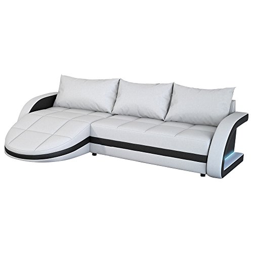 Eck-Sofa weiß-schwarz in Leder-Optik: Edle Designer Couch mit LED, großer 3 Sitzer, 265 cm breit, Leder-Sofa mit 156 cm tiefer Recamiere / Ottomane, links & rechts montierbar | Wohnlandschaft | Made in EU
