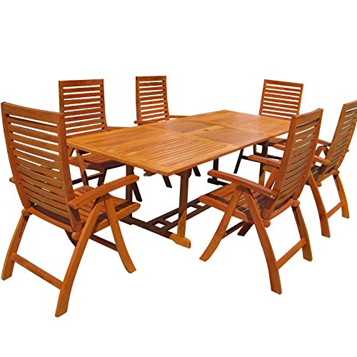 Deuba Sitzgruppe Unikko 6+1 | 6 verstellbare Stühle | ausklappbarer Tisch - 2 x 1,50 m | Eukalyptusholz [ Modellauswahl 4+1/6+1/8+1 ] - Sitzgarnitur Gartengarnitur Essgruppe Gartenmöbel Set