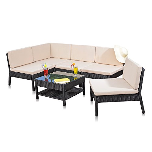 Melko Lounge Sofa-Garnitur Gartenset, Poly Rattan, mit Glastisch, Schwarz, inklusive Kissen, mehrteilig