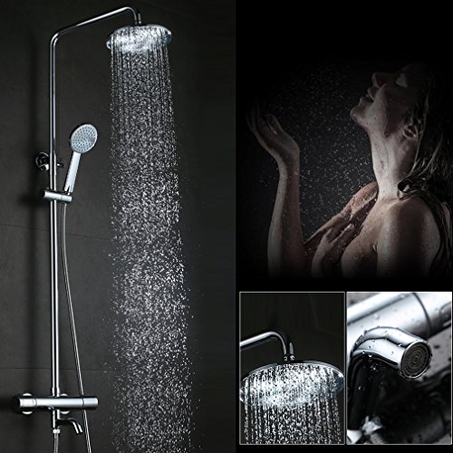 Kinse® 8 Zoll Zeitgenössisch Überkopfbrause (20 x 20 cm) Duschkopf Duschsystem Regendusche Shower Dusche Set mit Brausethermostat inkl. Handbrause und Wasserhahn