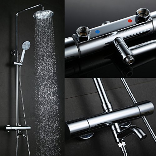 BONADE Elegant Chrom Überkopf-Brauseset Duschsystem mit Brausethermostat inkl. Wandhalterung Handbrause und Regenbrause