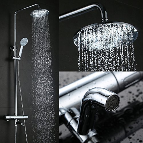Elegant Chrom Überkopf-Brauseset rain Duschsystem Duschstange mit Brausethermostat Regendusche Duschset inkl. Handbrause und Regenbrause