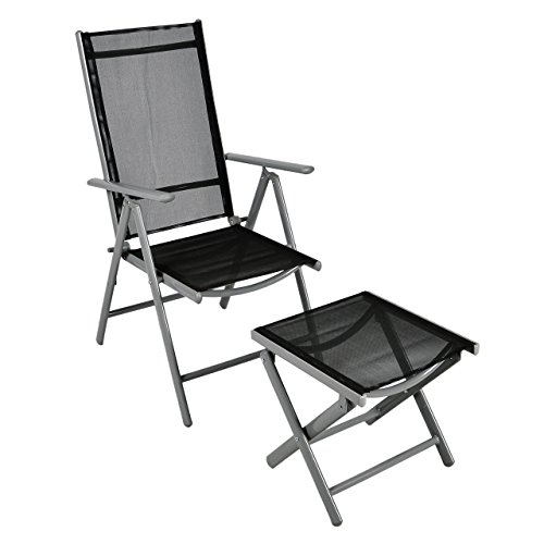 Nexos Klappstuhl Gartenstuhl Campingstuhl Liegestuhl mit Hocker – Sitzmöbel Garten Terrasse Balkon – klappbarer Stuhl aus Aluminium & Kunststoff - schwarz