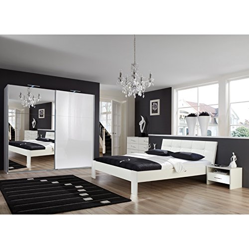 Komplett Schlafzimmer Hochglanz weiß 160cm Futonbett Kleiderschrank Nachttische