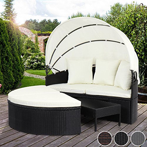 Miadomodo Polyrattan Sonneninsel Sonnenliege Lounge Gartenmöbel mit aufklappbarem Dach und Polyrattan Tisch (75/45/27 cm) mit Farbwahl