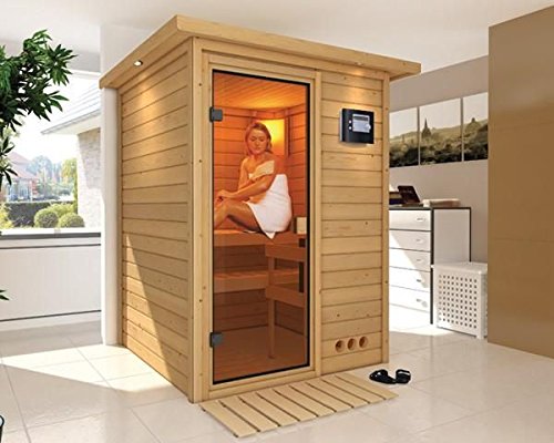 Nadja - Karibu Sauna Plug & Play inkl. 3,6 kW-Ofen - mit Dachkranz -