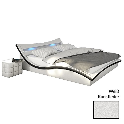 Polster-Bett 180x200 cm weiß-schwarz aus Kunstleder mit LED-Beleuchtung | Magari | Das Kunst-Leder-Bett ist ein Designer-Bett | Doppel-Betten 180 cm x 200 cm mit Lattenrost in Leder-Optik, Made in EU