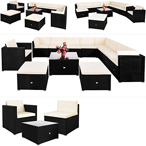 Deuba® Luxus Poly Rattan Lounge Set XXXL Schwarz | exklusive 35 tlg. Sitzgruppe | 7cm dicke Sitzkissen creme | Elemente flexibel kombinierbar | UV-beständiges Polyrattan - Sitzgarnitur Couch Sitzgruppe Gartenset Gartenlounge Gartenmöbel