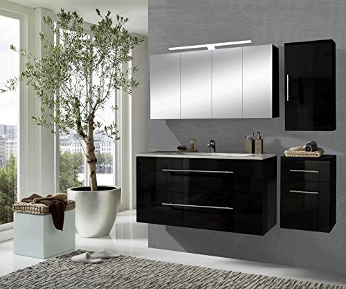 SAM® Badmöbel-Set Rom 4tlg in Hochglanz schwarz, 120 cm breiter Waschplatz, Softclosefunktion, Badezimmermöbel bestehend aus 1 x Spiegelschrank, 1 x Waschplatz, 1 x Hochschrank und 1 x Unterschrank