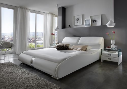 SAM® Polsterbett Lecce in Weiß 160 x 200 cm geschwungene Seitenteile Chromleiste an Kopf- und Fußteil Kopfteil aufklappbar modernes Design Wasserbett geeignet Bett