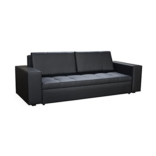 CARO-Möbel Schlafsofa Schlafcouch Funktionssofa ESME, 3-Sitzer, Kunstleder schwarz, Kunststofffüße, ausklappbar,Stauraum