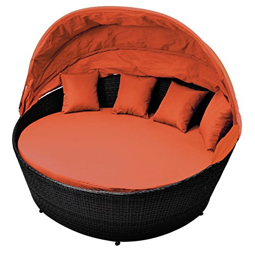 Sonneninsel orange Rattan-Bett mit aufklappbarem Sonnendach inkl. Auflagen und Kissen Sonnenliege Gartenbett Rattan-Lounge zum Relaxen mit Aluminiumgestänge inkl. Schutzhülle