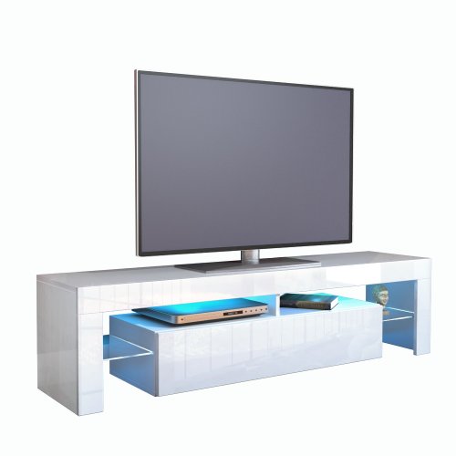 TV Schrank Lowboard Fernsehschrank Fernsehtisch Wohnzimmer Lima, Korpus in Weiß / Front in Weiß Hochglanz