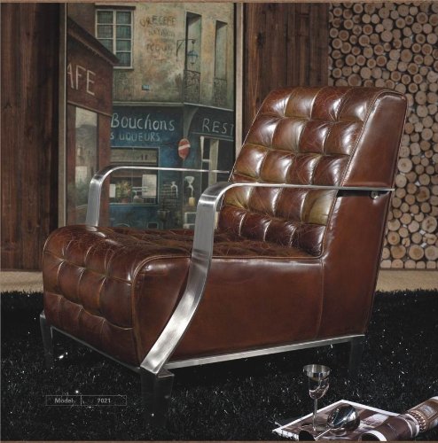 Phoenixarts Vintage Echtleder Sessel Edelstahl Ledersessel Braun Design Sofa Lounge Möbel NEU 448