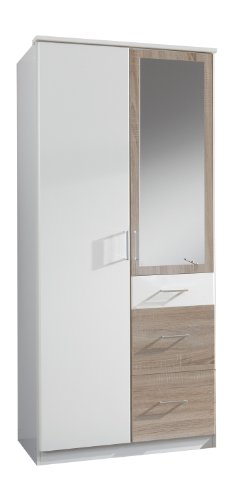 Wimex Kleiderschrank/Drehtürenschrank Click, 2 Türen, 2 große, 1 kleine Schublade, 1 Spiegel, (B/H/T) 90 x 199 x 58 cm, Weiß/Absetzung Eiche Sägerau