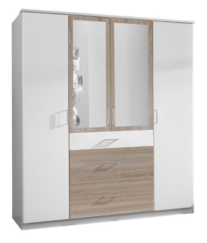 Wimex Kleiderschrank/Drehtürenschrank Click, 4 Türen, 2 große, 1 kleine Schubladen, 2 Spiegel, (B/H/T) 180 x 199 x 58 cm, Weiß/Absetzung Eiche Sägerau
