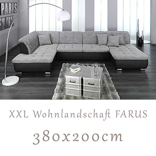 Wohnlandschaft, Couchgarnitur XXL Sofa, U-Form, schwarz/grau, Ottomane links