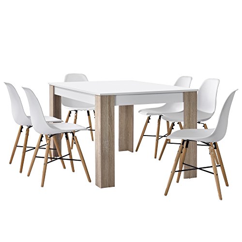 [en.casa] Esstisch Eiche mit 6 Stühlen weiß140x90cm Esszimmer Essgruppe Küche Set