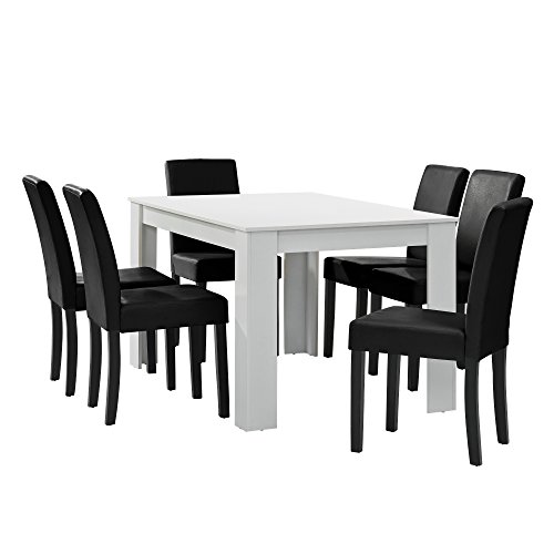 [en.casa] Esstisch weiß matt mit 6 Stühlen schwarz Kunstleder gepolstert 140x90 Essgruppe Esszimmer