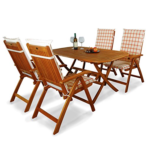 Indoba IND-70063-BASE5 plus IND-70410-AUHL Serie Bangor Gartenmöbel Set, 9-teilig aus Holz, Eukalyptus/ Orange, 150x85x74 cm
