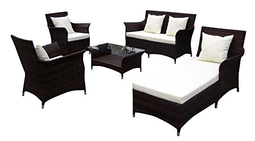 Baidani Gartenmöbel-Sets 10c00037.00002 Designer Lounge-Garnitur Royalty, 2-er-Sofa, 1 Chaiselongue, 2 Sessel, 1 Couch-Tisch Glasplatte, Sitzauflagen, braun