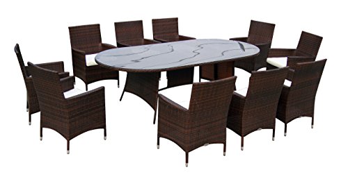 Baidani Gartenmöbel-Sets 10d00011.00002 Designer Garnitur Convention, 1 Tisch mit Glasplatte, 10 Stühle mit passenden Sitzauflagen, braun