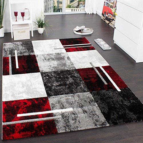 Designer Teppich Modern mit Konturenschnitt Karo Muster Grau Schwarz Rot, Grösse:120x170 cm