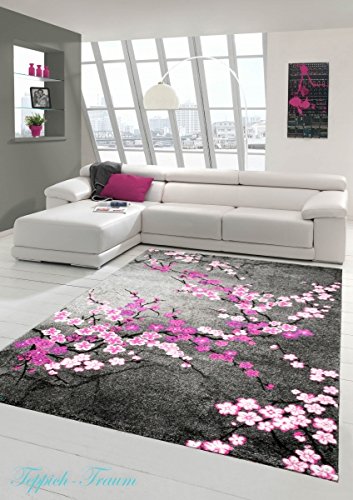 Designer Teppich Moderner Teppich Wohnzimmer Teppich Blumenmuster Grau Lila Pink Weiss Rosa Größe 200 x 290 cm