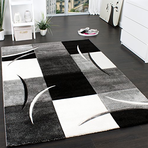 Designer Teppich mit Konturenschnitt Muster Kariert in Schwarz Weiss Grau, Grösse:120x170 cm
