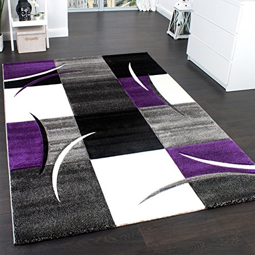 Designer Teppich mit Konturenschnitt Teppich Kariert Lila Schwarz Grau, Grösse:80x150 cm