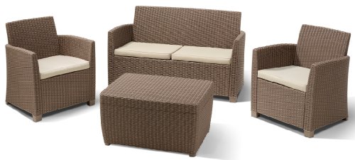 Allibert 212405 Lounge Set Corona mit Kissenbox-Tisch (2 Sessel, 1 Sofa, 1 Tisch), Rattanoptik, Kunststoff, cappuccino