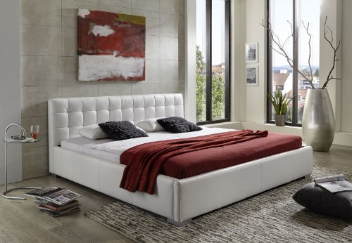 SAM Polsterbett 140x200 cm Vita weiß, pflegeleichtes Design-Bett mit Kunstlederbezug, abgestepptes Kopfteil & Seitenteil