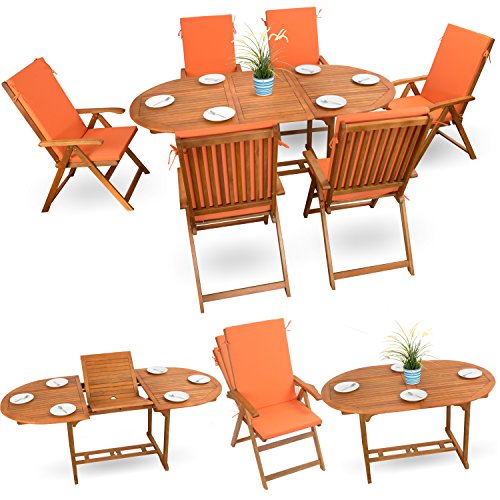 13-tlg. Gartenmöbel Holz Set Sitzgruppe Essgarnitur Holz Sitzgarnitur Holzmöbel Akazie geölt # 6x verstellbarer Klappstuhl # 1x ausziehbarer Tisch # 6x Sitz Auflagen # orange