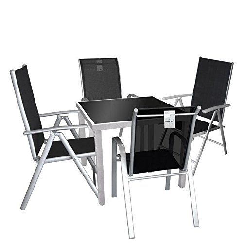 5tlg. Gartengarnitur Sitzgruppe Balkonmöbel Terrassenmöbel Set - Aluminium Glastisch, 90x90cm + 2x Hochlehner + 2x Stapelstuhl