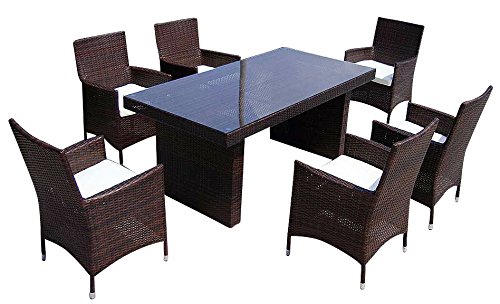 Baidani Gartenmöbel-Sets 10c00035.00001 Designer Rattan Sitz-Garnitur Elegancy, 1 Tisch mit Glasplatte, 6 Stühle mit Armlehnen und Sitzauflage, schwarz