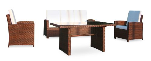 Baidani Gartenmöbel-Sets 10c00039.00002 Designer Rattan Lounge-Garnitur Comfort, 3-er-Sofa, Sessel, Auflagen, Rückenkissen, 1 Tisch  mit Glasplatte, braun