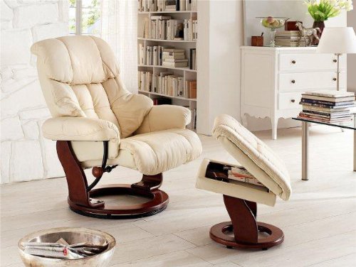 Dreams4Home Relaxsessel 'Fortuna' mit Hocker, Leder,in creme, max. 150 kg, Fernsehesessel, Wohnzimmer, Sessel, Relaxer, TV-Sessel