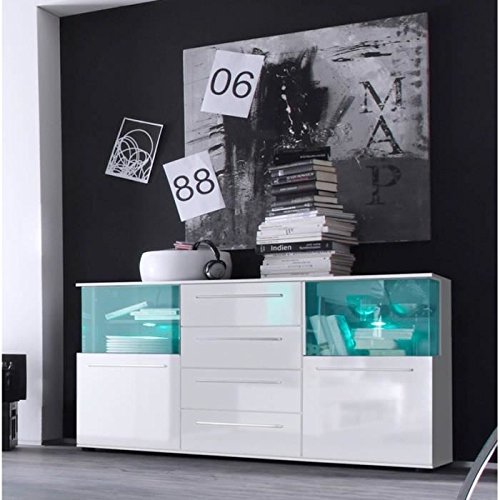 trendteam Wohnzimmer Sideboard Kommode Schrank Punch, 141 x  82 x 40 cm in Korpus Weiß, Front Weiß Glanz mit LED Unterbodenspots mit Farbwechselfunktion